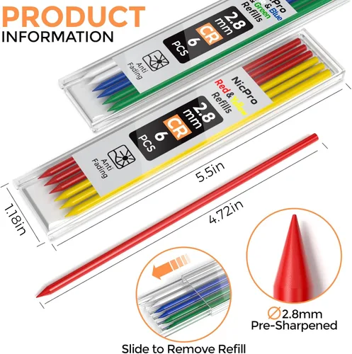 Miniatura 2 de Nicpro 60 PIEZAS Recargas de Lápiz de Carpintero - Plomo de 2.8mm para Lápices Mecánicos, Construcción y Carpintería - Resistente a Romper