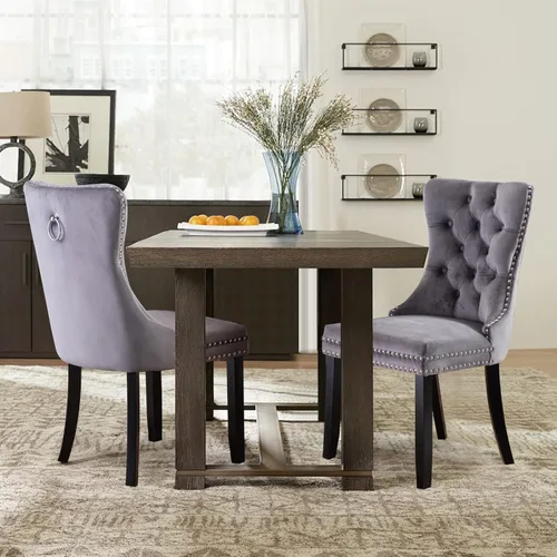 Miniatura 27 de Juego de 2 sillas de comedor tapizadas de terciopelo, sillas laterales de cocina de estilo moderno con ribete de cabeza de clavo y patas de madera