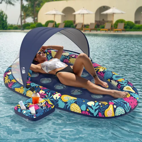 Sunikko X Flotadores de piscina 3 en 1 con soporte para toldo, flotadores grandes de 73 x 48 pulgadas para adultos, resistente, tumbona inflable con