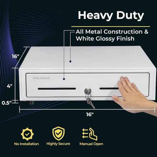 Miniatura 2 de Volcora Cajón manual para caja registradora de 16" para sistema de punto de venta (POS), cajón blanco resistente parcialmente extraíble con 5
