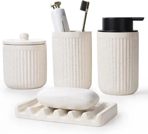 Miniatura 9 de BosilunLife Juego de accesorios de baño, juego de cerámica para decoración de baño, dispensador de jabón de espuma y soporte para cepillos