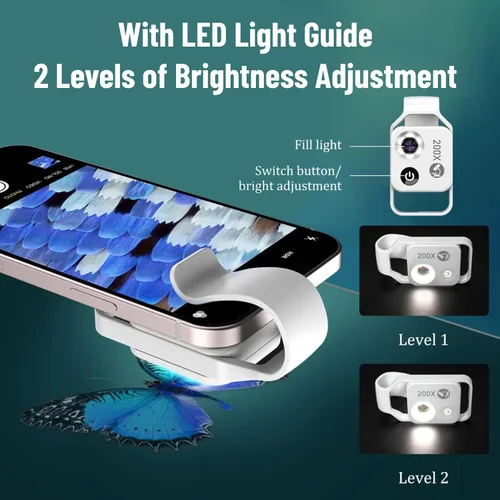 Miniatura 4 de Microscopios de bolsillo para teléfono, 200X Zoom Clip en microscopios Lupa con lente CPL y luz LED, lente microscópica portátil para disfrutar