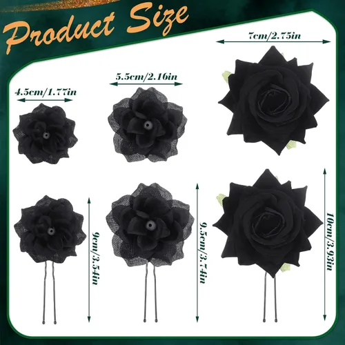 Miniatura 3 de BBTO 12 pinzas para el pelo de rosas, accesorios mexicanos para bailarinas de flamenco, mujeres, flores mexicanas, clips de flores para novia, Negro