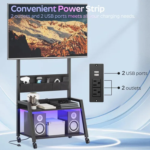 Miniatura 4 de YATINEY Soporte de TV móvil con toma de corriente, soporte de TV móvil con luz LED de hasta 55 pulgadas, carrito de TV con soporte, 5 bolsas de tela