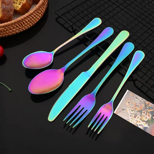 Miniatura 7 de JASHII Juego de cubiertos de 20 piezas con acabado satinado, servicio para 4, juego de cubiertos de titanio, juego de utensilios de arcoíris mate