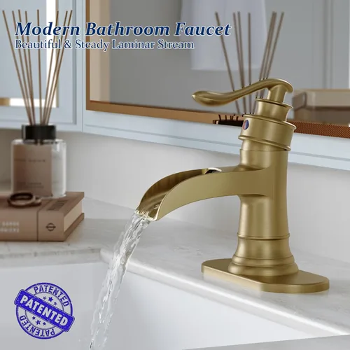 Miniatura 2 de BWE - Grifo de baño antiguo de latón, de un agujero, estilo cascada, con montaje de drenaje emergente y manguera de suministro, grifo rústico