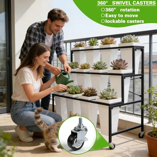 Miniatura 4 de Soporte de exhibición de flores de metal de 3 niveles, carrito móvil resistente para plantas de flores con 12 cubos y ruedas con bloqueo, estante