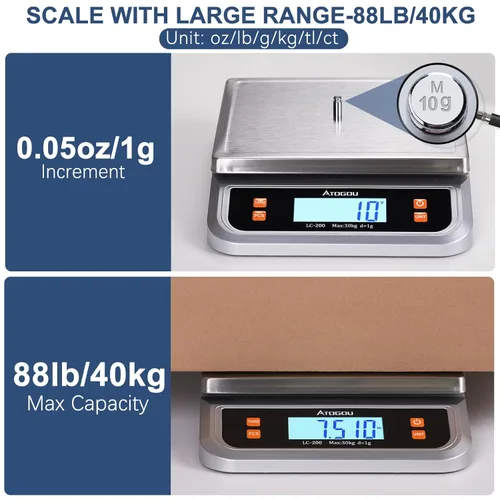Miniatura 2 de Atogou Báscula de alimentos de 88 libras, báscula de cocina comercial enchufable con pantalla LCD de vista completa, acero inoxidable, para hornear