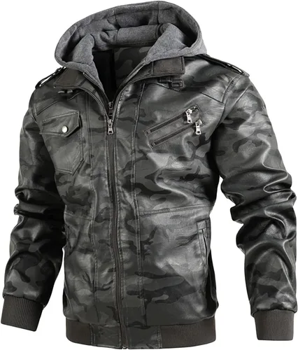 Miniatura 3 de Maiyifu-GJ Chaqueta de cuero sintético de camuflaje para hombre, chaqueta de moto cálida con capucha extraíble de poliuretano para motocicleta, Azul