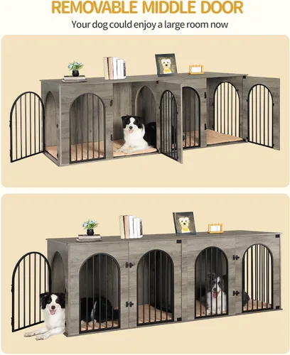Miniatura 3 de Hzuaneri Mueble de jaula para perros de 88.4 pulgadas para 2 perros, soporte de TV para perreras de interior resistente, jaula de madera XXL