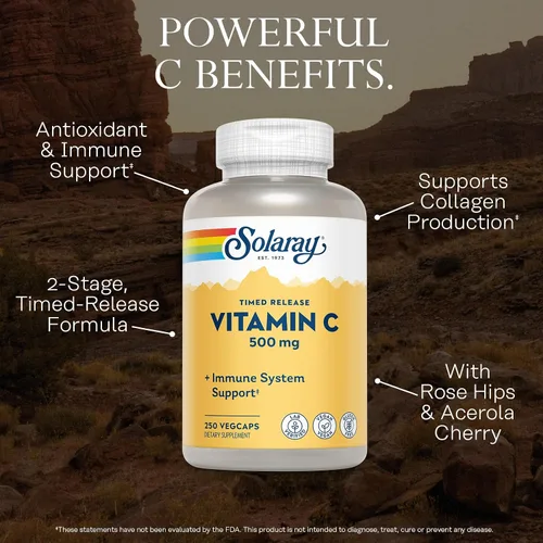 Miniatura 3 de SOLARAY Vitamina C con escaramujos y acerola 500 mg Función inmunológica saludable de liberación temporal, apoyo para la piel, el cabello