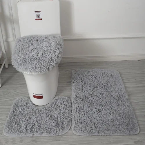 Miniatura 3 de Juego de alfombras de baño de 3 piezas, tapete de inodoro en forma de U + alfombras + alfombrilla de cubierta de tapa de inodoro, con respaldo