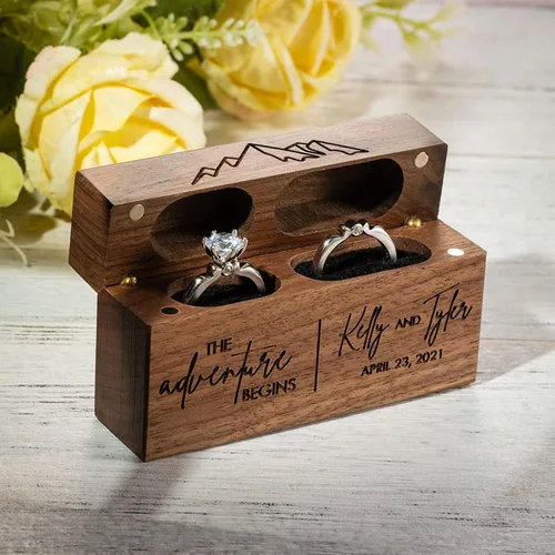 Miniatura 4 de Yonhi Joyeros de doble anillo con nombre personalizado, caja de anillo de madera personalizada, propuesta, compromiso, ceremonia de boda, caja