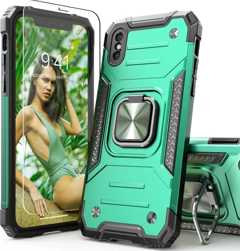 Miniatura 11 de Funda protectora ligera para iPhone Xs con protector de pantalla, absorción de golpes, resistente a prueba de caídas con soporte para automóvil