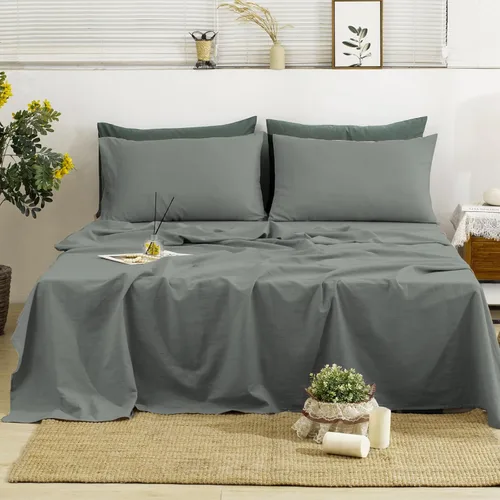Miniatura 10 de TUMEI - Juego de ropa de cama de lino de 4 piezas, tamaño king, verde, suave, transpirable y duradero, con sábana ajustable de bolsillo profundo
