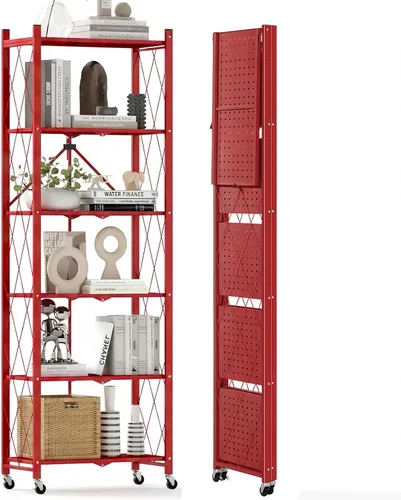 Miniatura 19 de DEANIC Estantería plegable de 5 estantes con ruedas, Estantería rodante de almacenamiento de servicio pesado, Unidad de estantería de alambre