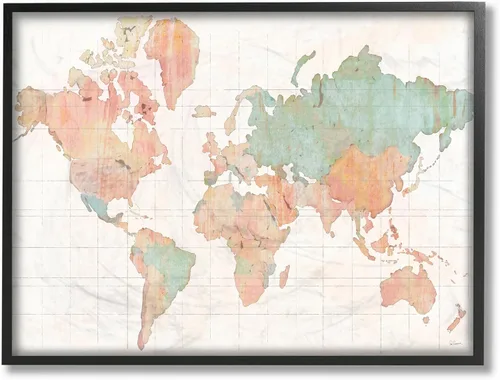 Stupell Industries Arte de pared enmarcado negro con mapa del mundo vintage, diseño verde y rosa, 11 x 14, multicolor