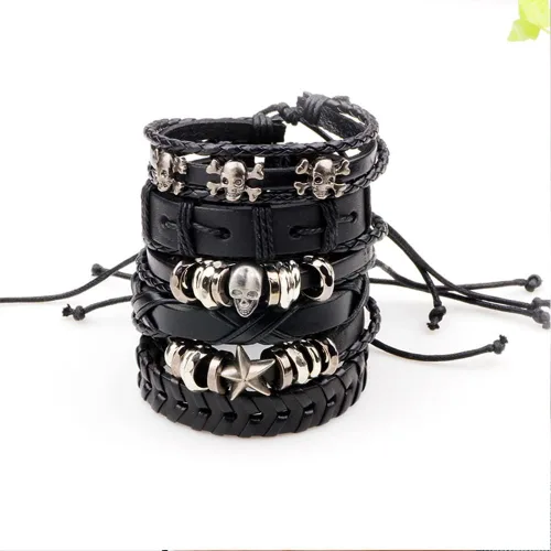 Miniatura 2 de NIGHTCRUZ 6 pulseras trenzadas de cuero, pulsera de cuero medieval con calavera