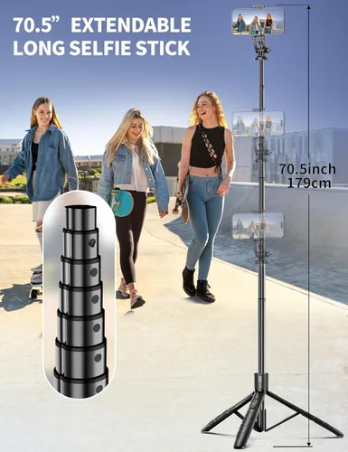Miniatura 3 de Trípode de aluminio de 71" para teléfono, trípodes de viaje para iPhone con control remoto, trípode de selfie para celular extensible compatible