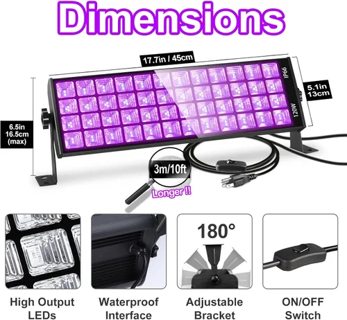 Miniatura 4 de Barra de luz LED negra de 120 W, cable e interruptor de 10 pies, carcasa de aluminio, luces negras impermeables YIAYETOG IP66 para grandes espacios
