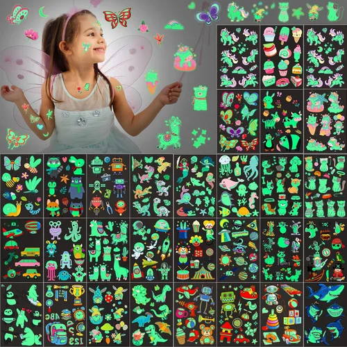 Sinmoe 400 piezas de tatuajes temporales que brillan para niños, impermeable, luminosa, tatuaje de dibujos animados, tatuaje de unicornio