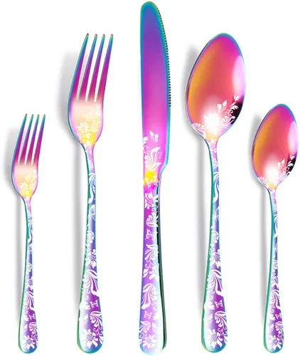 Miniatura 8 de Juego de cubiertos para 12 cubiertos, 60 piezas, diseño único de patrón de flores, utensilios de cocina de acero inoxidable, juego de cubiertos Oro
