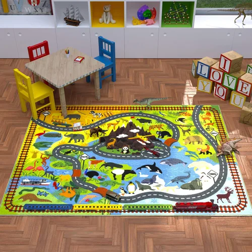 Miniatura 2 de KC Cubs 8x10 Alfombra de Carretera con Animales Safari para Coches de Juguete – Alfombra de Juego Educativa para Niños, Pequeños, Guardería, Aula