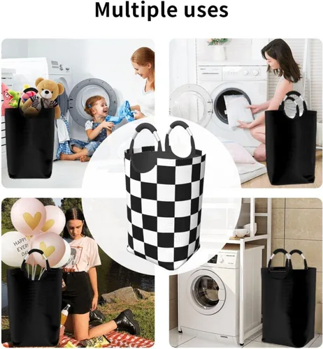 Miniatura 6 de Cesta de ajedrez en blanco y negro con asas, cesta de lavandería a cuadros, organizador de almacenamiento de juguetes, cubo plegable, bolsa de ropa