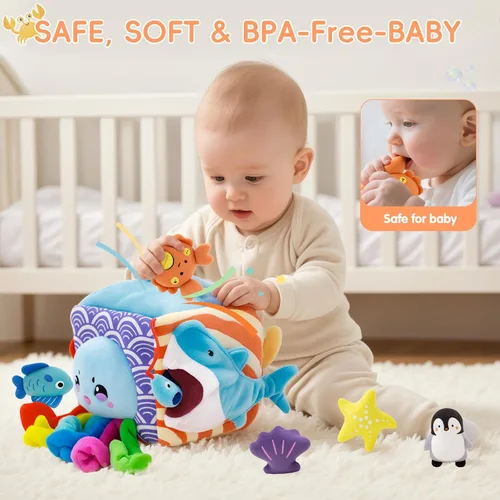 Miniatura 7 de SAIMAND Juguetes para bebés de 6 a 12 meses – Caja suave misteriosa con 5 animales marinos de peluche, sonajero, papel crujiente y espejo – Juguetes