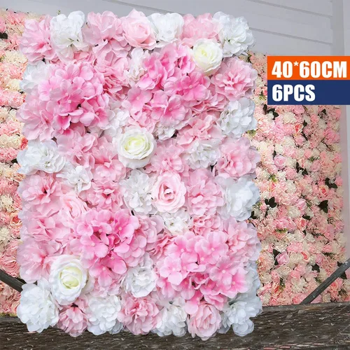 Miniatura 2 de OUKANING Paquete de 6 paneles de pared de flores de seda con rosas de seda, telón de fondo de pared de flores artificiales para interiores
