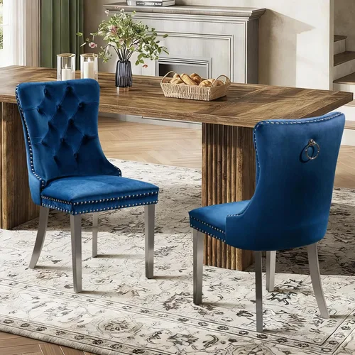 Miniatura 101 de Juego de 2 sillas de comedor de terciopelo tapizadas con ribete de cabeza de clavo y patas doradas chapadas en acero inoxidable para cocina