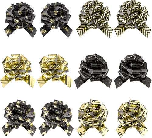 Miniatura 6 de LeZakaa 12 piezas de moños navideños con cinta - Diseño de jengibre negro y dorado - Perfecto para envolver regalos, floristería, ramos, cestas