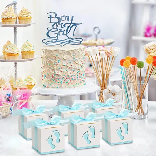 Miniatura 6 de BEISHIDA Cajas de regalo para baby shower, cajas de dulces con huellas azules con cintas para fiesta de revelación de género de bebés y niños