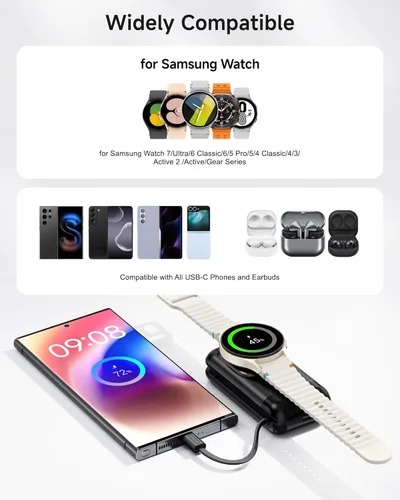 Miniatura 2 de Cargador de reloj portátil para Samsung Galaxy Watch8/8Classic/Ultra (2025)/7/Ultra/6/5, 6000 mAh reloj y cargador de teléfono para Samsung Galaxy