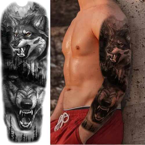 Miniatura 3 de Manga de Tatuaje Temporal de León y Leopardo para Hombres y Mujeres, Manga Completa Grande de Bosque Negro Lobo Tribal, Tatuajes Falsos de Duración