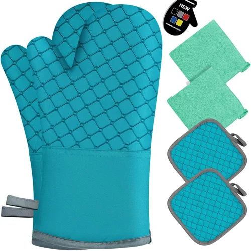Miniatura 8 de 6 guantes de horno y soportes para ollas, resistentes al calor de 500 ℉ con toallas de cocina, forro de algodón suave y superficie de silicona Gris