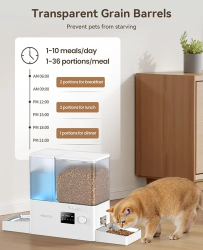 Miniatura 2 de Rojeco Comedero automático para gatos de 36 tazas/8.5L con WiFi y dispensador de agua por gravedad, tazones de acero inoxidable 2 en 1 de gran Blanco