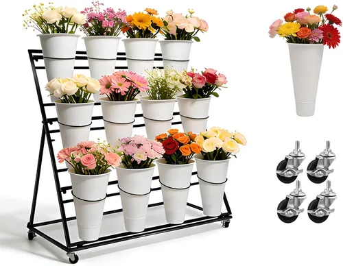 Miniatura 11 de Soporte de exhibición de flores de 3 niveles, soporte móvil de metal para plantas con 12 cubos, carrito de flores con ruedas, adecuado