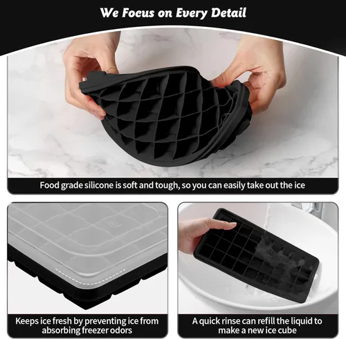 Miniatura 5 de Bandeja de silicona para cubitos de hielo con tapa a prueba de fugas y contenedor de almacenamiento para congelador, 36 piezas sin BPA, cubierta