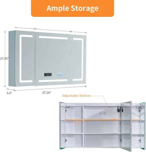 Miniatura 2 de FCH Botiquín LED con espejo inteligente, botiquín de baño de 48 pulgadas de ancho con Bluetooth y altavoz, reloj, pantalla de temperatura ambiente