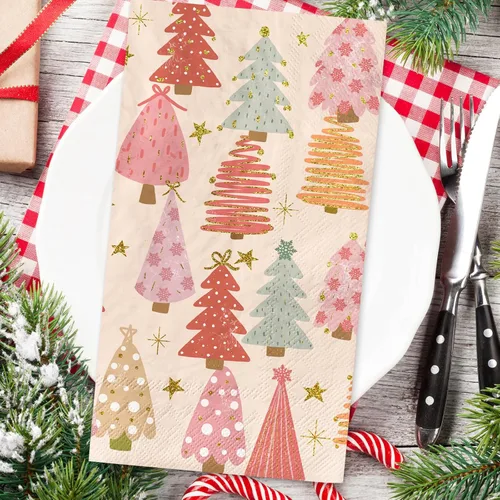 Miniatura 3 de Paquete de 100 servilletas de papel desechables estilo bohemio con árbol de Navidad rosa, servilletas de mano para el hogar, cocina, baño, 13 x 15.7