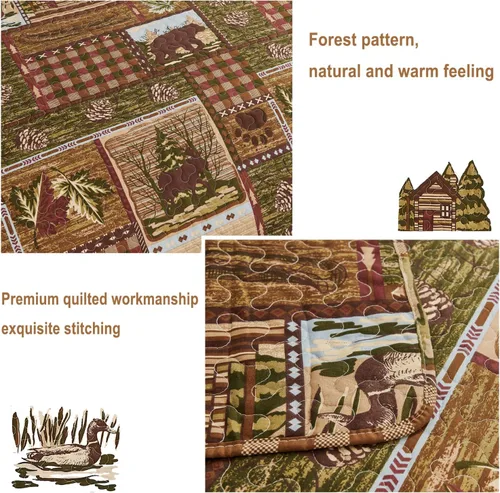 Miniatura 5 de Colcha Lodge Tamaño Queen, Juegos de Colcha de Cabaña Rústica Alce Oso Colcha Cubrecama de Retazos a Cuadros Cubrecama Reversible con Estampado de Té