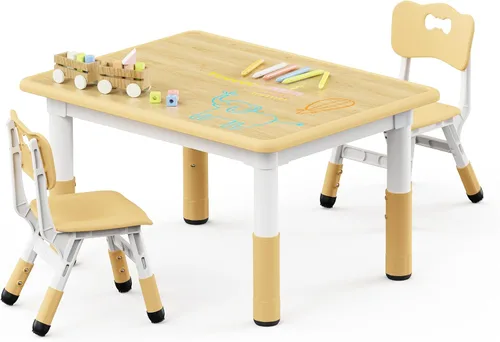 Brelley - Juego de mesa y 2 sillas para niños, escritorio infantil ajustable en altura de 31.5" L x 23.6" W y juego de sillas, escritorio con diseño