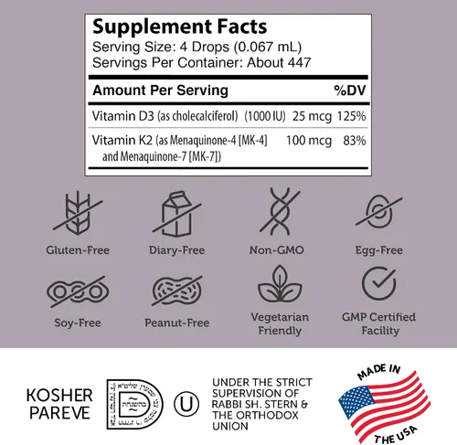 Miniatura 4 de Zahler Gotas de vitamina D3 K2, líquido D3 con K2, 1000 UI de vitamina D y 1000 mcg de K2 por porción, apoya la densidad ósea y la absoprción