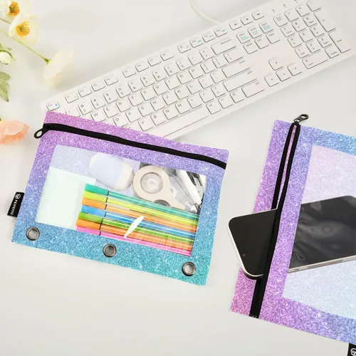 Miniatura 4 de Gredecor Estuche para lápices con 3 anillos con purpurina azul y rosa con cremallera, 2 unidades, organizador transparente para carpeta escolar