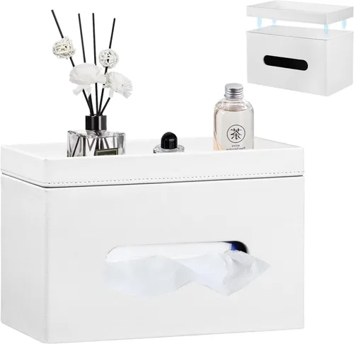 Miniatura 8 de YAPISHI Caja de pañuelos grande rectangular con almacenamiento de bandeja, soporte de pañuelos faciales de piel sintética, se adapta a 230