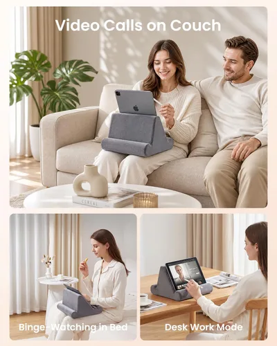 Miniatura 8 de CreaDream Soporte de almohada para tableta, almohadilla suave para regazo, soporte para tablet para cama con 3 ángulos de visión, bolsillo, soporte