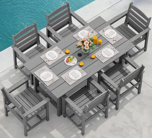SERWALL Juego de Mesa de Comedor de HDPE para Exteriores, Juego de 7 Piezas de Mesa de Comedor al Aire Libre con Mesa con Corte para Agujero de Gris