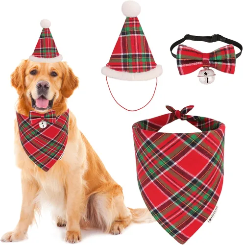 Miniatura 10 de ADOGGYGO Juego de bandana de Navidad para perro, sombrero y pajarita, clásica a cuadros rojos, bufanda de Navidad para mascotas, disfraz de Navidad