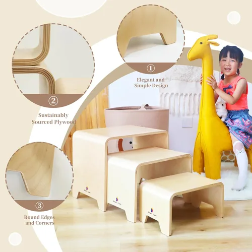 Miniatura 5 de Damoch Family® Montessori - Juego de taburetes para niños 3 en 1, mesa y sillas Bentwood para niños, anidación y destete, mesa y taburetes apilables